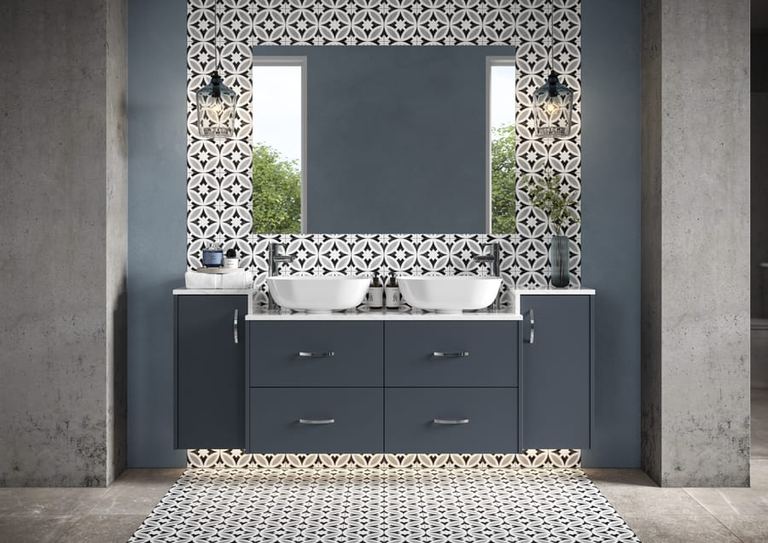 Cheviot twin basin run in Blueberry with patterned tiling