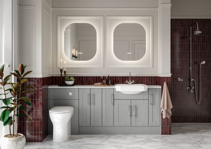 Chiltern fitted run in Contour Dusk Grey against burgundy tiling