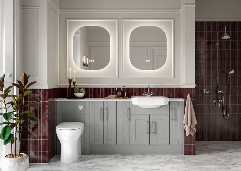 Chiltern fitted run in Contour Dusk Grey against burgundy tiling