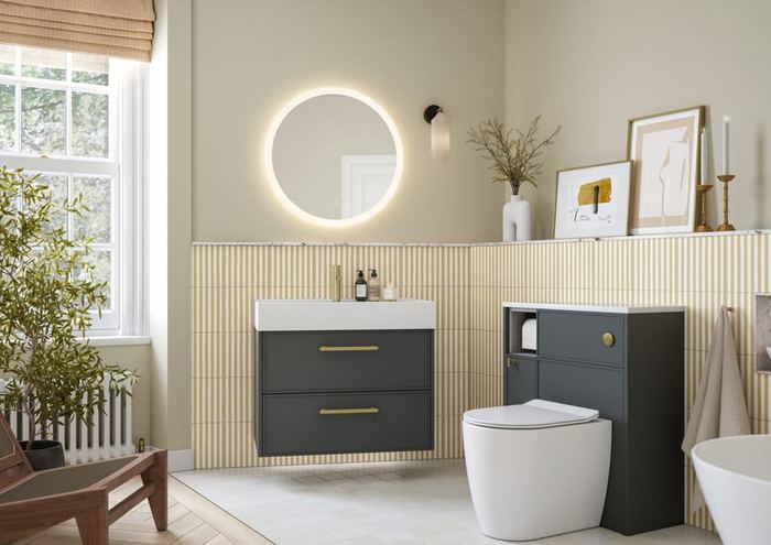 Dartmoor wall-hung unit in Soft Graphite with a round mirror