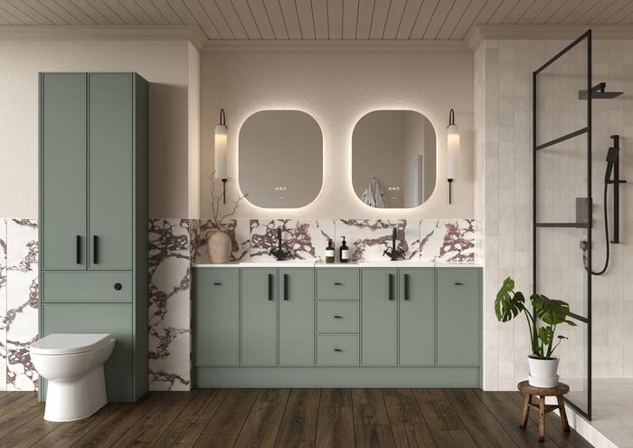 Dartmoor twin basin run in Soft Green with a marble splashback
