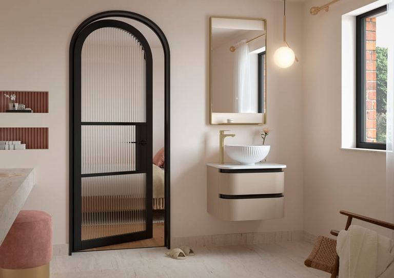 Diamante vanity in Satin White in an arched bathroom