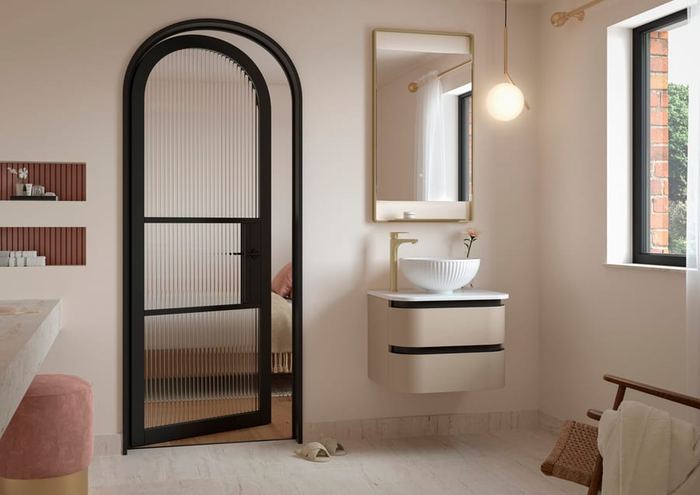 Diamante vanity in Satin White in an arched bathroom