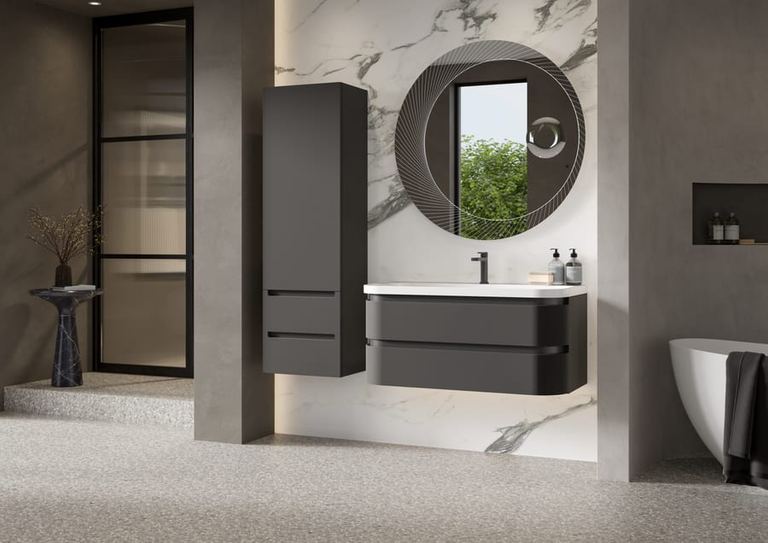 Diamante twin vanity in Satin Grey with a round mirror