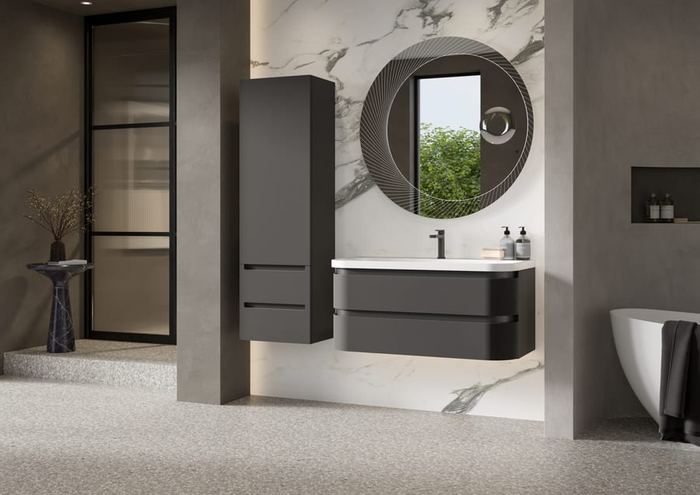 Diamante twin vanity in Satin Grey with a round mirror