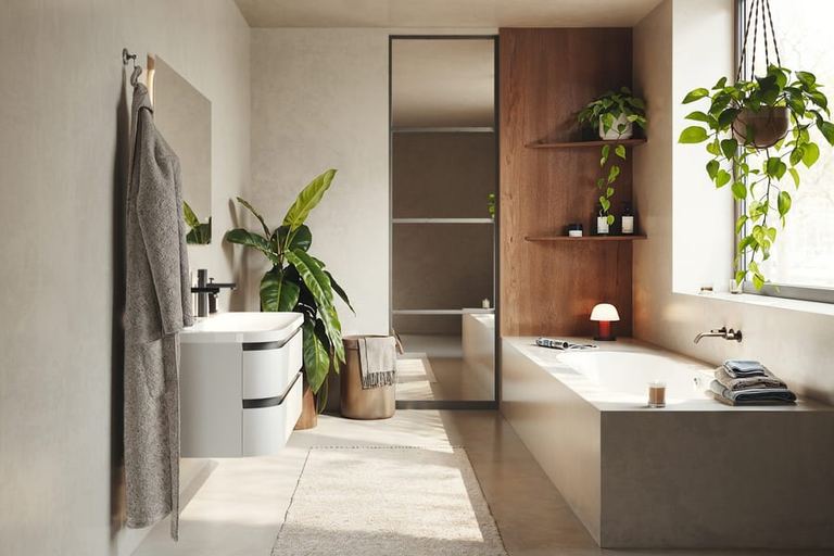 Diamante vanity in Satin White beside a bath