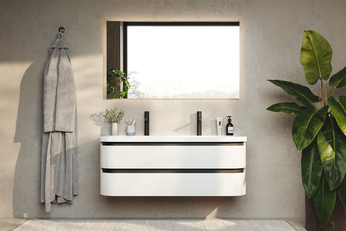 Diamante vanity in Satin White with a wide mirror