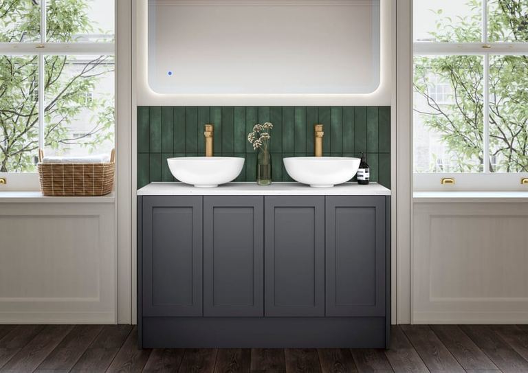 Kentmere fitted run in Slate with twin vessel basins
