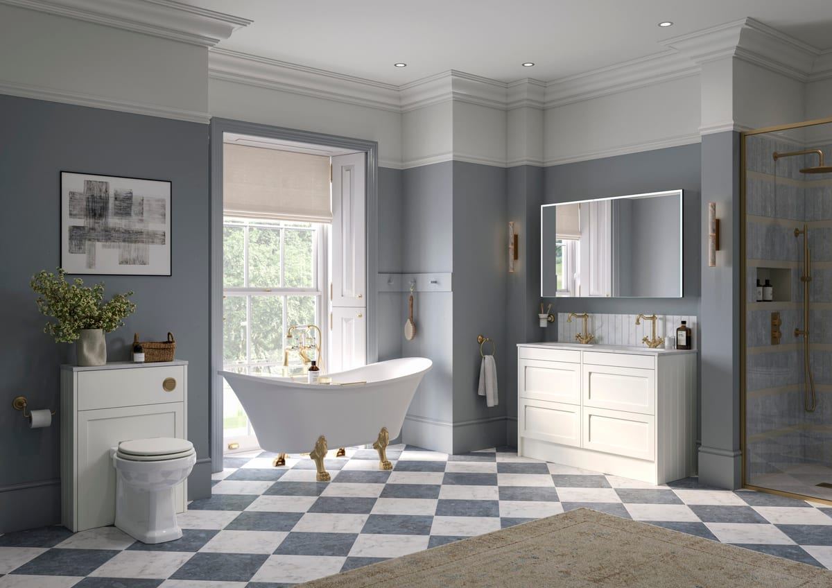 Kentmere fitted furniture in Lagoon Mist with a roll-top bath and chequerboard floor