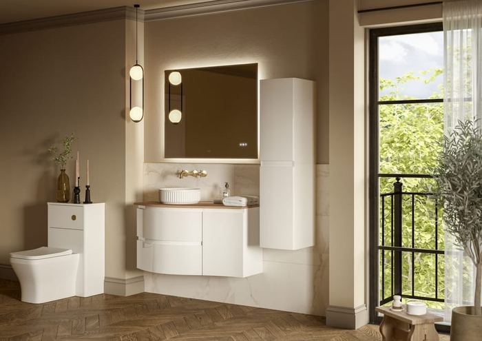Levanto wave-front vanity in Porcelain White beside a balcony window