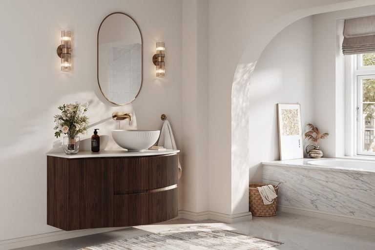 Levanto wave-front vanity in Persian Walnut in an arched bathroom