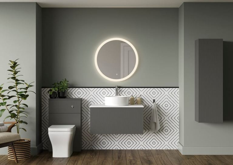 Minori vanity in Feather Grey with a round lit mirror