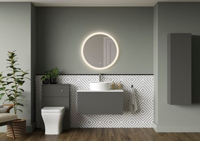 Minori vanity in Feather Grey with a round lit mirror