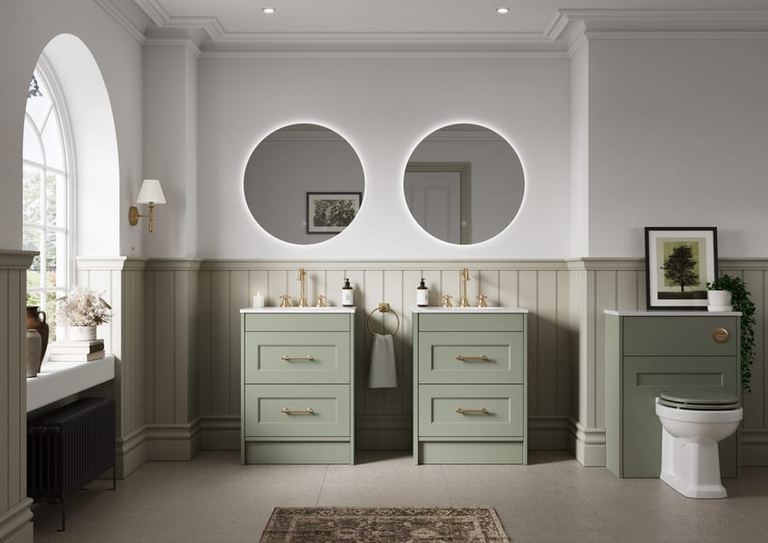 Pentland fitted run in Cotton White with a freestanding bath and panelling