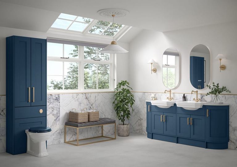 Pentland twin basin run in Maritime Blue in a loft bathroom