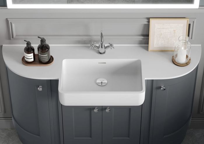 Pentland curved unit in Slate with a belfast basin