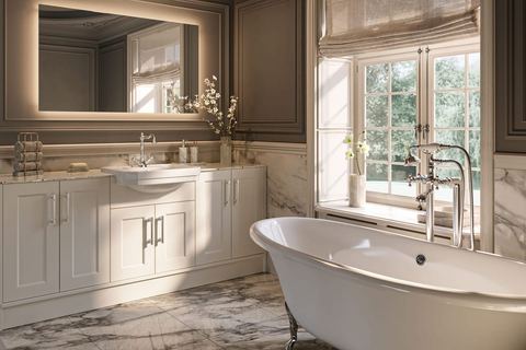 Calypso Pentland bathroom in Chateau Green, a double-beaded shaker collection