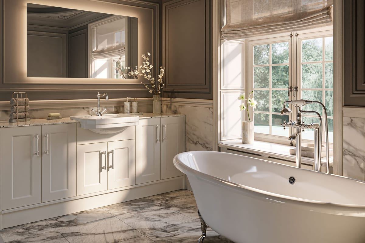 Pentland fitted furniture in Chateau Green with twin round mirrors