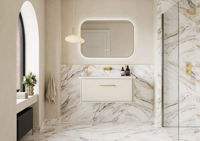 Petra vanity in Soft Linen with a marble surround