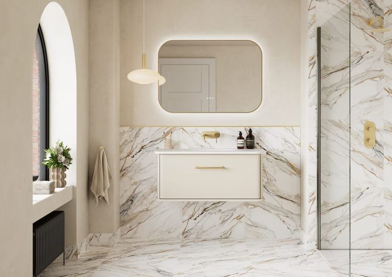 Petra vanity in Soft Linen with a marble surround