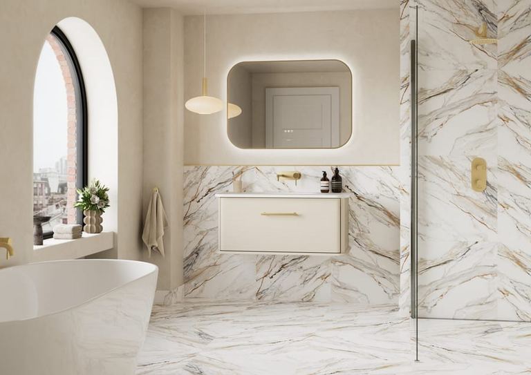 Petra vanity in Soft Linen with a freestanding bath