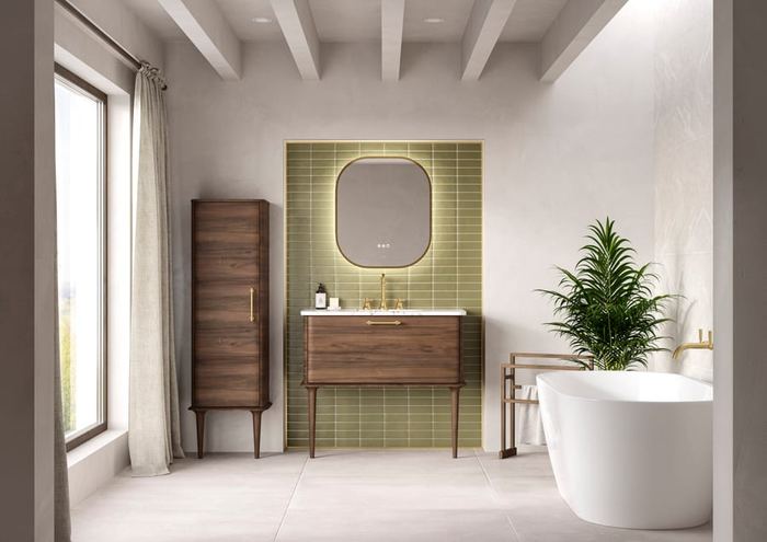 Petra vanity in Persian Walnut with green tiling and a bath