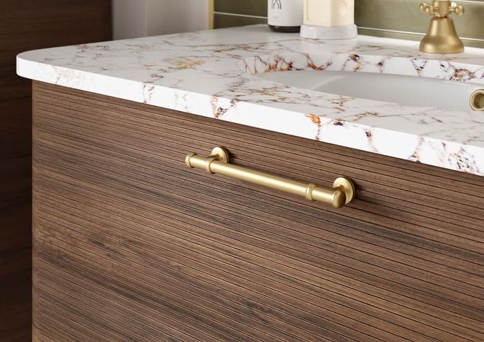 Petra vanity in Persian Walnut with a marble worktop
