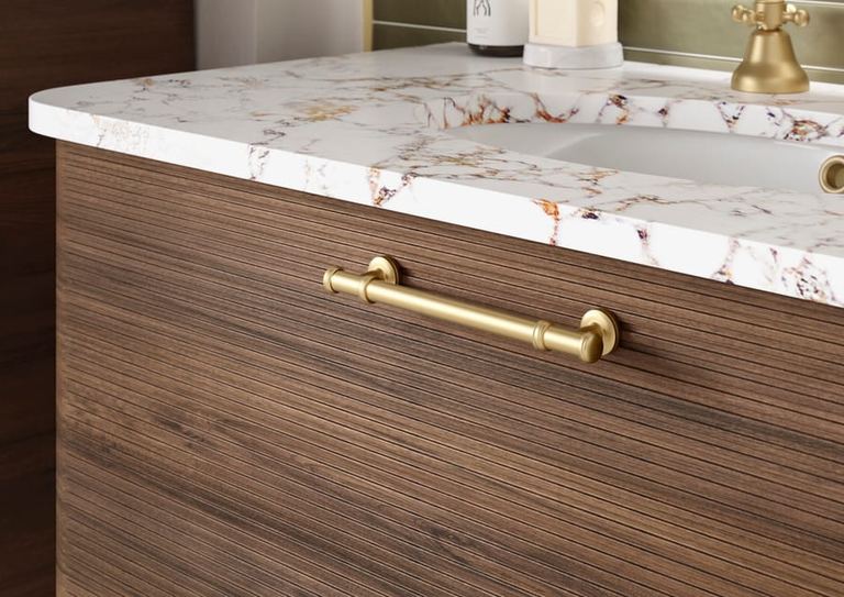 Petra vanity in Persian Walnut with a marble worktop