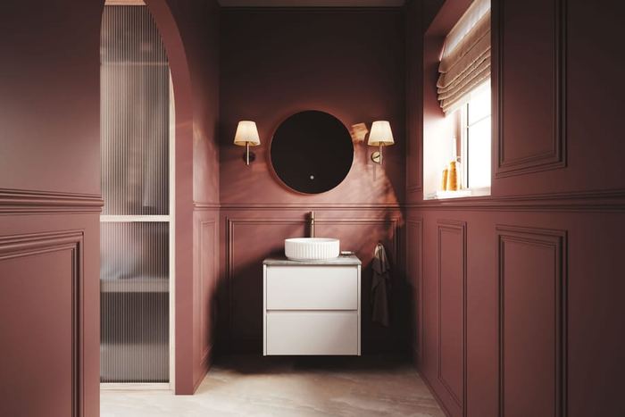 Selter wall-hung unit in Pearl against a burgundy panelled wall