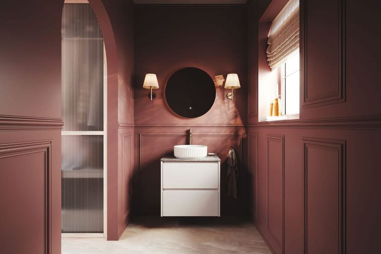 Selter wall-hung unit in Pearl against a burgundy panelled wall