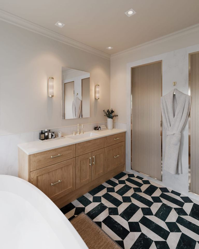 Solid Oak twin basin run below wall lights