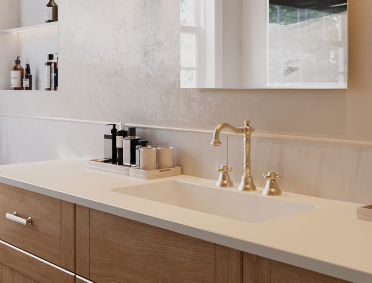 Solid Oak worktop and basin with a brass tap