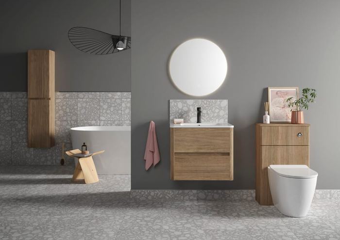 Sora vanity in Sienna Oak with a grey wall