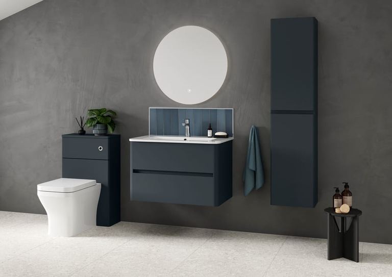 Sora vanity in Adriatic Blue with a round lit mirror