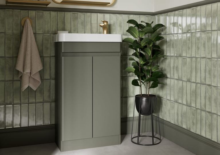 Sora corner unit in Warm Sage with green tiling