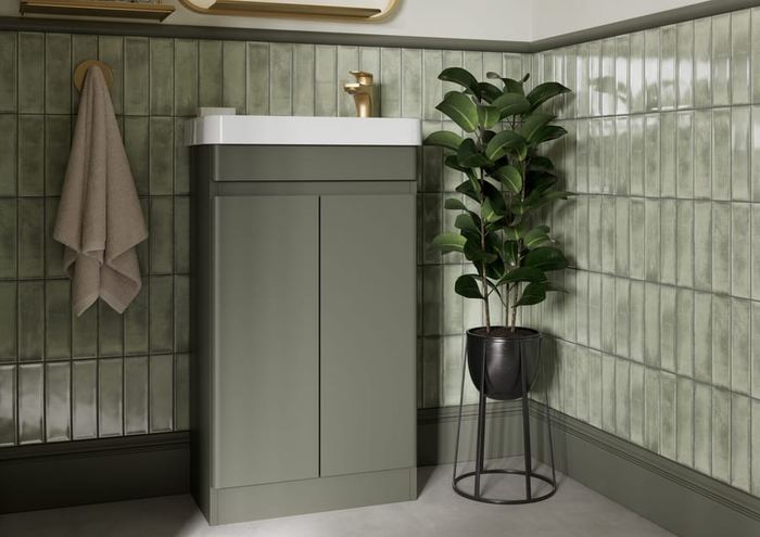 Sora corner unit in Warm Sage with green tiling