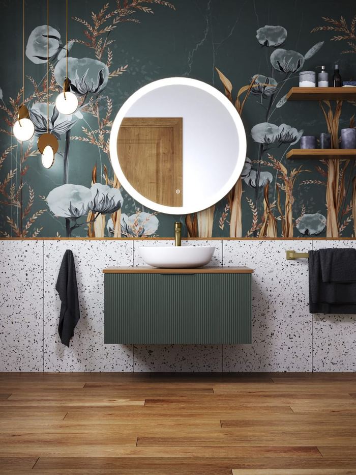 Tesima vanity in Fir Green against floral wallpaper