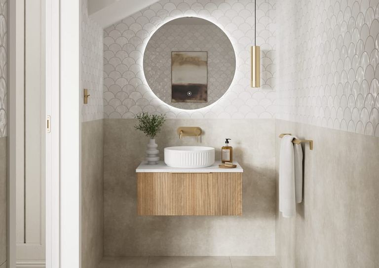 Tesima vanity in Tortona Oak with a round mirror