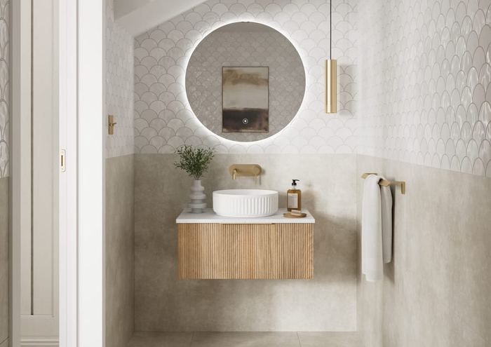 Tesima vanity in Tortona Oak with a round mirror