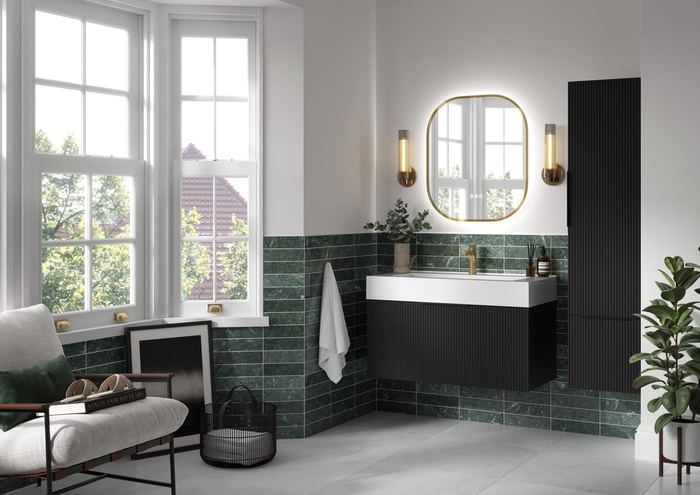 Tesima vanity in Matt Black with green tiling
