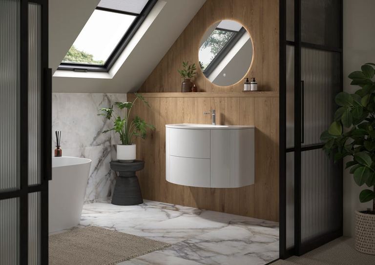 Ultimo curved vanity in Porcelain White in a loft bathroom