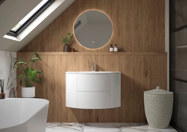 Ultimo curved vanity in Porcelain White against a wood-panelled wall