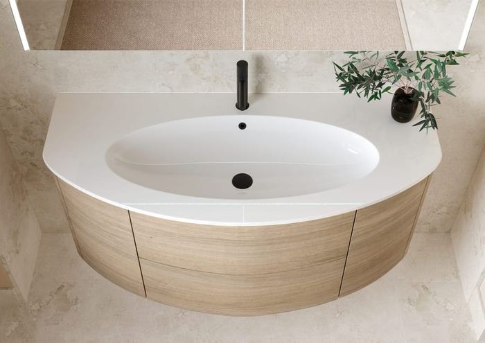 Ultimo curved vanity in Tortona Oak, basin detail