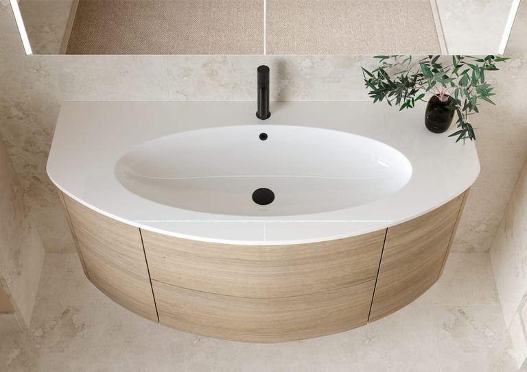 Ultimo curved vanity in Tortona Oak, basin detail