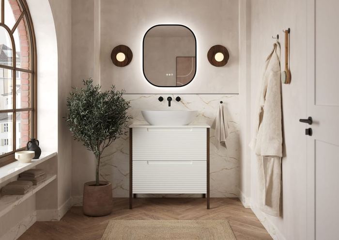 Valor vanity in Opal White with an olive tree