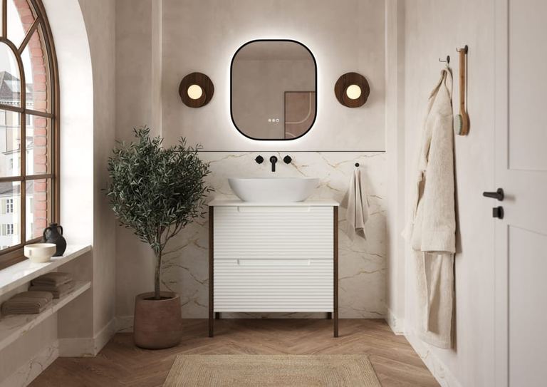 Valor vanity in Opal White with an olive tree