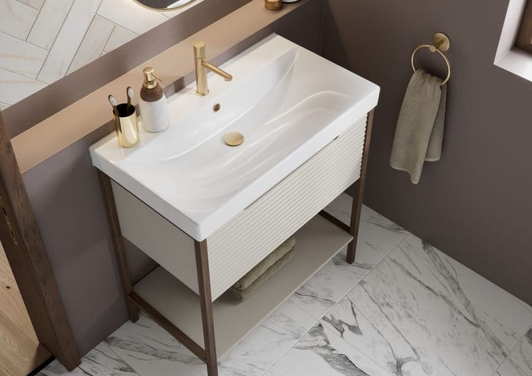 Valor twin basin vanity in Natural Hessian with brass taps