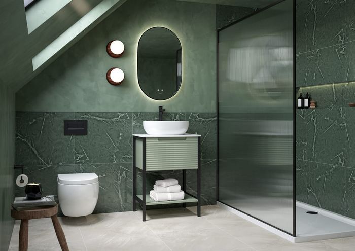 Valor washstand in Cypress with green marble and a walk-in shower