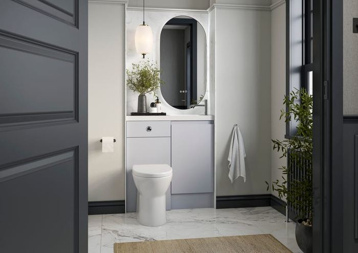 Veneto vanity in Shale with a marble surround