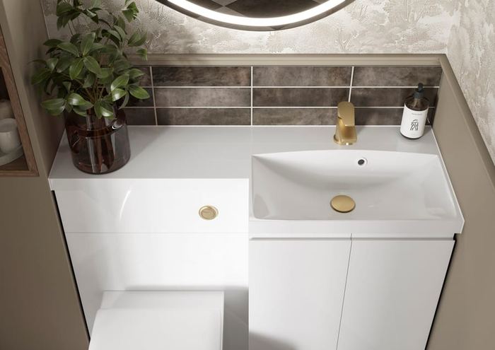 Veneto vanity in Pearl with a brass tap
